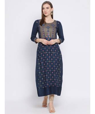 Women Blue Cotton Printed Asymmetric Kurta 1