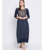 Women Blue Cotton Printed Asymmetric Kurta