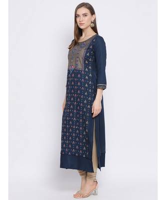 Women Blue Cotton Printed Asymmetric Kurta 2