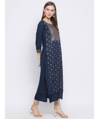 Women Blue Cotton Printed Asymmetric Kurta 3