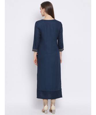 Women Blue Cotton Printed Asymmetric Kurta 4