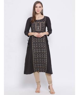Women Grey Cotton Printed A-line Kurta 1