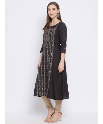 Women Grey Cotton Printed A-line Kurta 2