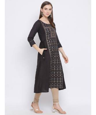 Women Grey Cotton Printed A-line Kurta 3