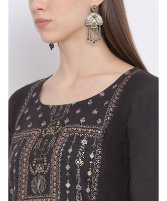Women Grey Cotton Printed A-line Kurta 6