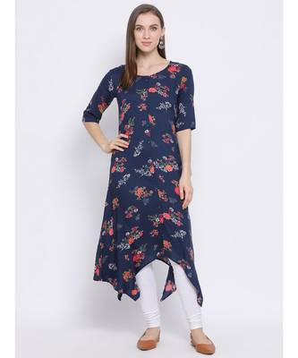 Women Blue Rayon Printed Asymmetric Kurta 1