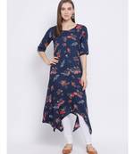 Women Blue Rayon Printed Asymmetric Kurta