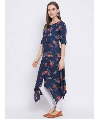 Women Blue Rayon Printed Asymmetric Kurta 2