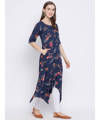 Women Blue Rayon Printed Asymmetric Kurta 3