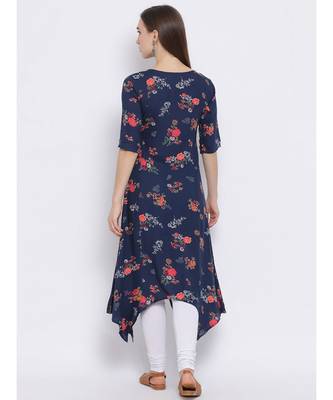 Women Blue Rayon Printed Asymmetric Kurta 4