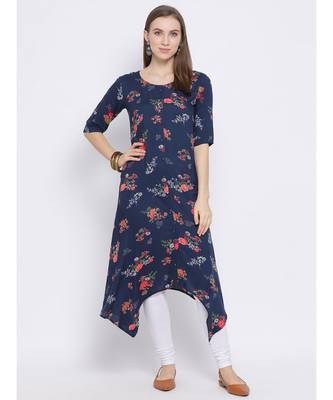 Women Blue Rayon Printed Asymmetric Kurta 5