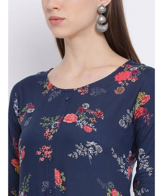 Women Blue Rayon Printed Asymmetric Kurta 6