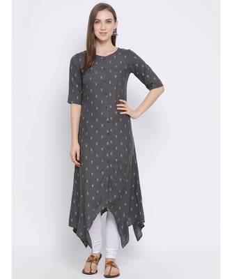 Women Grey Cotton Printed Asymmetric Kurta 1