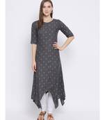 Women Grey Cotton Printed Asymmetric Kurta