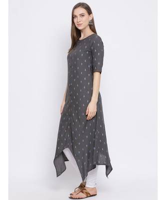 Women Grey Cotton Printed Asymmetric Kurta 2