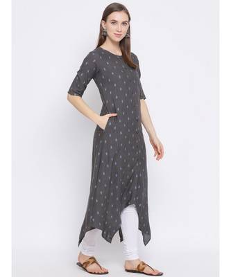 Women Grey Cotton Printed Asymmetric Kurta 3