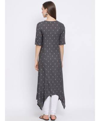 Women Grey Cotton Printed Asymmetric Kurta 4