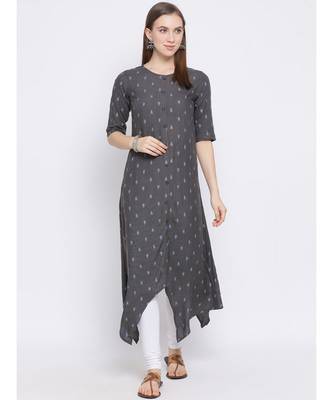Women Grey Cotton Printed Asymmetric Kurta 5