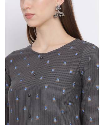 Women Grey Cotton Printed Asymmetric Kurta 6