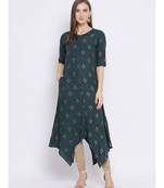 Women Green Cotton Printed Asymmetric Kurta