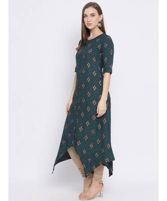 Women Green Cotton Printed Asymmetric Kurta 2