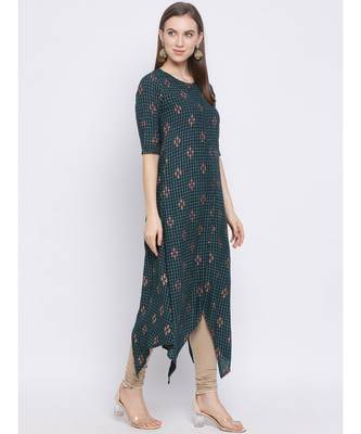 Women Green Cotton Printed Asymmetric Kurta 3