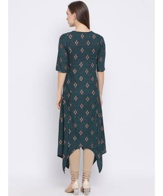 Women Green Cotton Printed Asymmetric Kurta 4