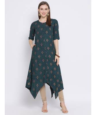 Women Green Cotton Printed Asymmetric Kurta 5
