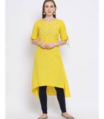 Women Yellow Cotton Embroidered A-line Kurta