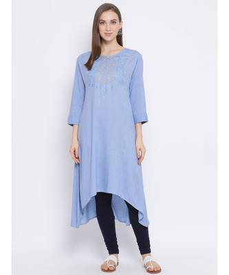 Women Blue Rayon Embroidered A-line Kurta 1