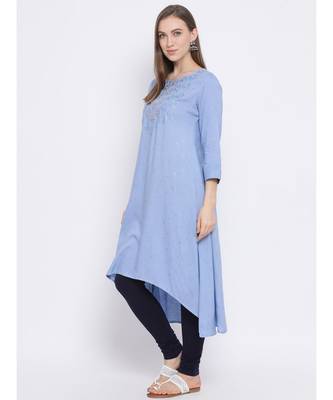 Women Blue Rayon Embroidered A-line Kurta 2