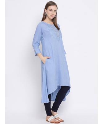 Women Blue Rayon Embroidered A-line Kurta 3