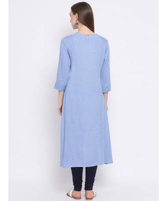Women Blue Rayon Embroidered A-line Kurta 4
