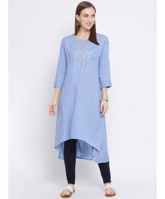 Women Blue Rayon Embroidered A-line Kurta 5