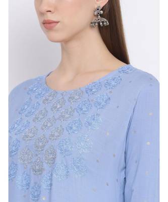 Women Blue Rayon Embroidered A-line Kurta 6