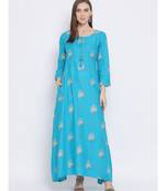 Women Blue Cotton Printed A-line Kurta
