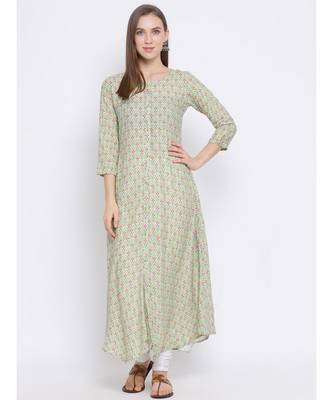 Women Green Rayon Printed Asymmetric Kurta 1