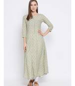 Women Green Rayon Printed Asymmetric Kurta