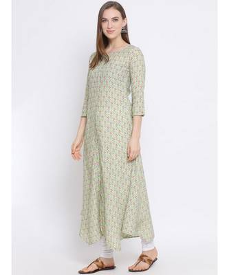 Women Green Rayon Printed Asymmetric Kurta 2