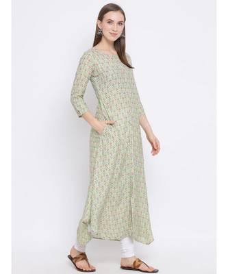 Women Green Rayon Printed Asymmetric Kurta 3