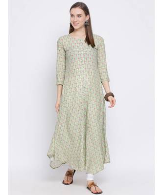 Women Green Rayon Printed Asymmetric Kurta 5