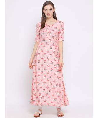 Women Pink Cotton Printed A-line Kurta 1