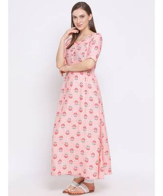 Women Pink Cotton Printed A-line Kurta 2