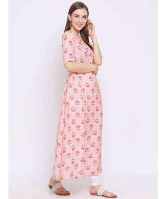Women Pink Cotton Printed A-line Kurta 3