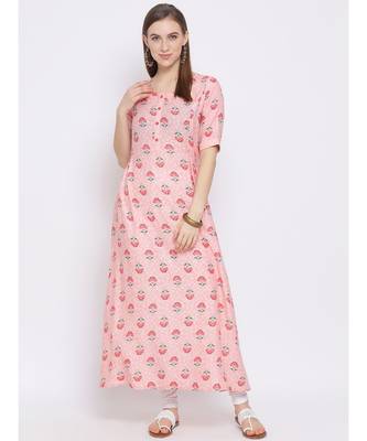 Women Pink Cotton Printed A-line Kurta 5