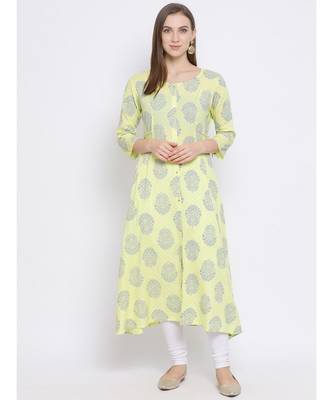 Women Green Cotton Printed A-line Kurta 1