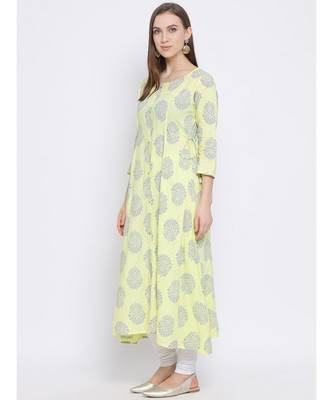 Women Green Cotton Printed A-line Kurta 2
