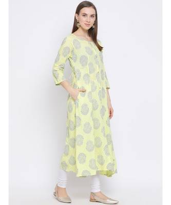 Women Green Cotton Printed A-line Kurta 3