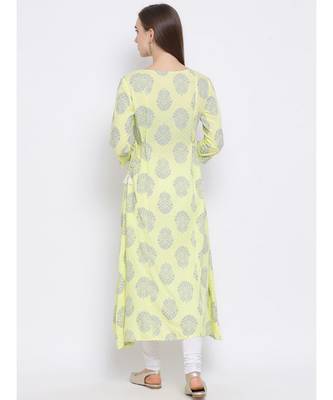 Women Green Cotton Printed A-line Kurta 4