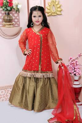 Red embroidered net kids salwar suits 1